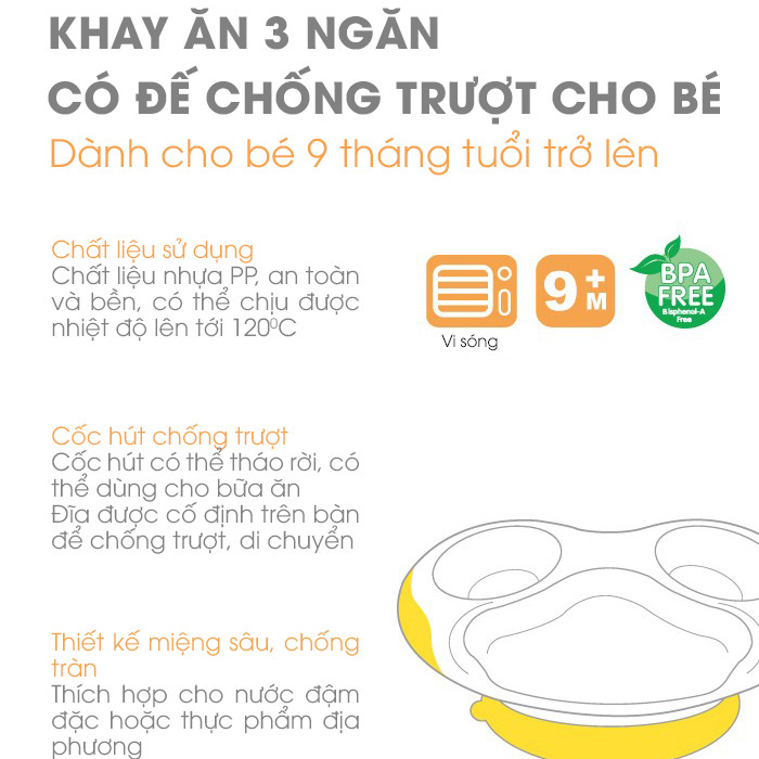 Khay ăn 3 ngăn có đế chống trượt cho bé Piyo Piyo (9M+), PY630105