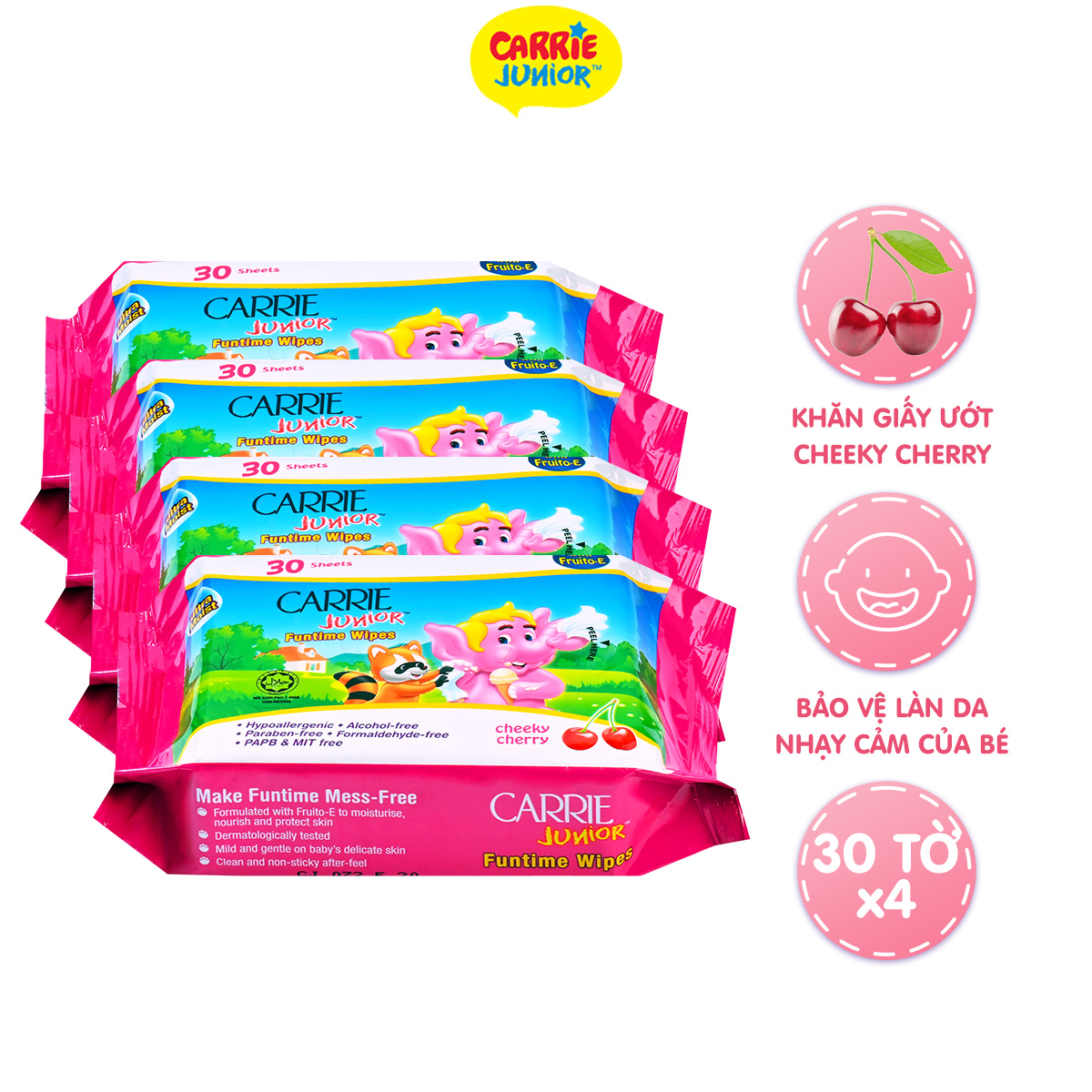 Combo 4 Gói Khăn Giấy Ướt Carrie Junior Funtime Cheeky Cherry 30 tờ/ gói