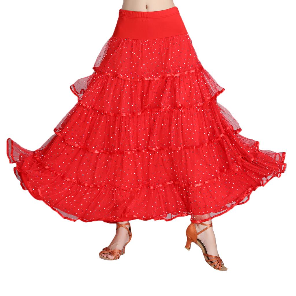Womens Full Wing Flamenco Ballroom Modern Dance Skirt Full Swing Mesh Skirts