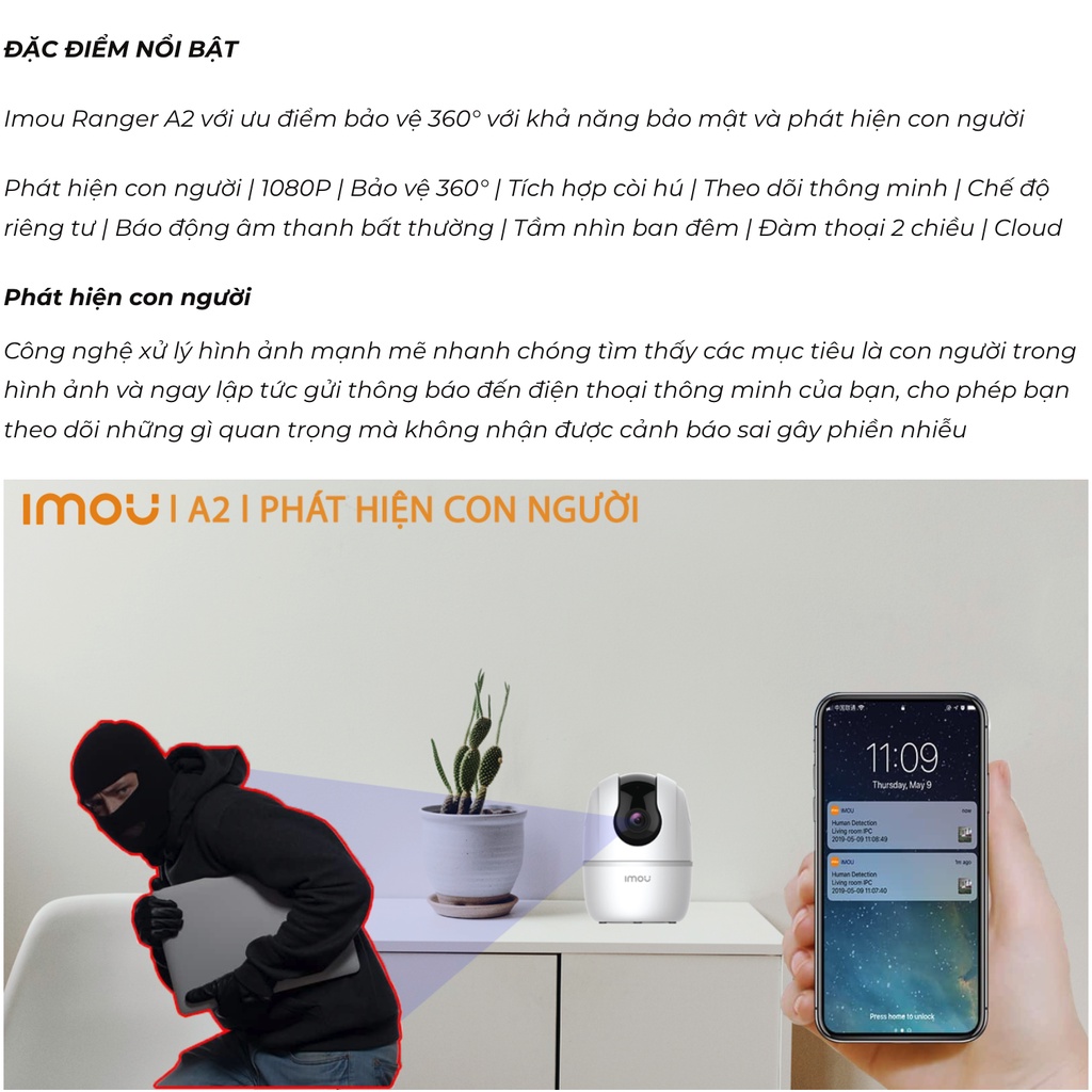 Camera Wifi Trong Nhà Xoay 360 IMOU RANGER A2 4MP Sắc Nét - Hàng chính hãng