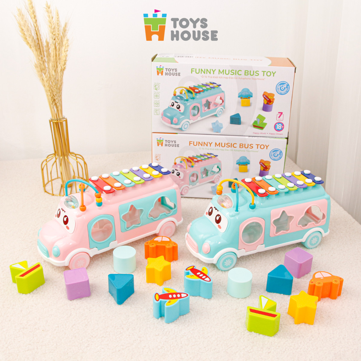 Đồ chơi giáo dục cho bé - ô tô thả khối kết hợp đàn gõ Xylophone ToysHouse HE8036 - màu xanh/hồng