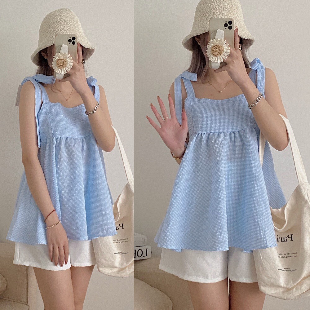 Sét áo 2 dây buộc nơ bánh bèo và quần sooc trắng hàn quốc