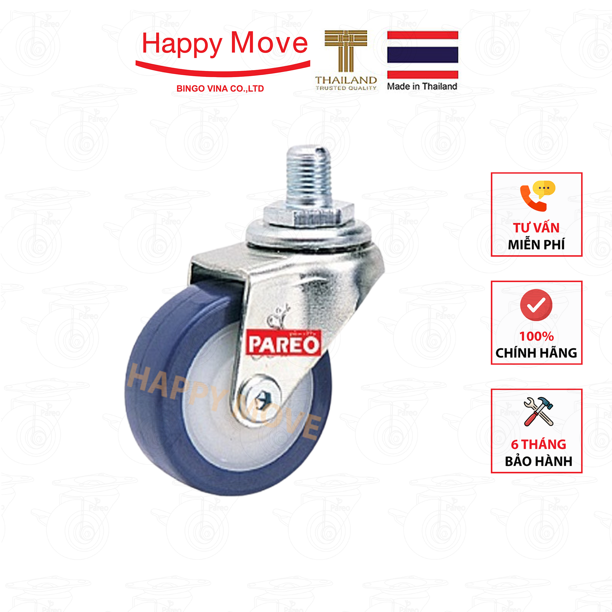 Bánh xe đẩy PU tải nhẹ cọc vít xoay 360 độ - 50-65-75mm - Happy Move Thái Lan