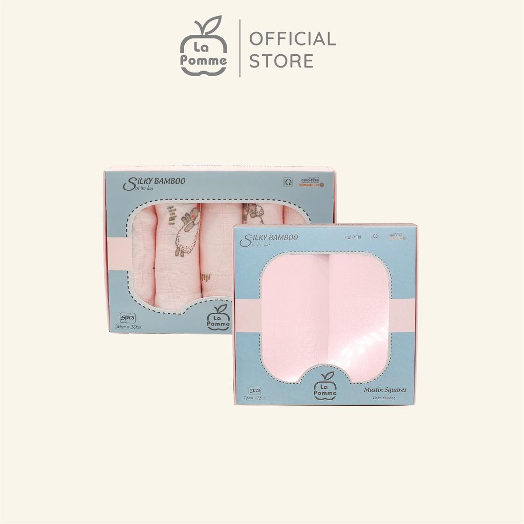 Combo 2 K001 Set 5 Khăn sữa (30x30cm) Pink Sheep + K002 Set 2 Khăn đa năng sợi tre lụa La Pomme (75x75cm) - Hồng Pastel