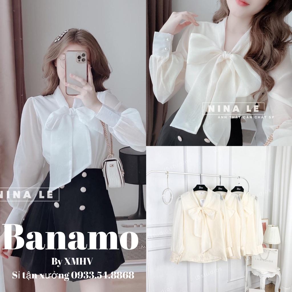 Hình ảnh Áo sơ mi cổ nơ voan tơ cao cấp tay bồng phối khuy ngọc thời trang Banamo Fashion 3914