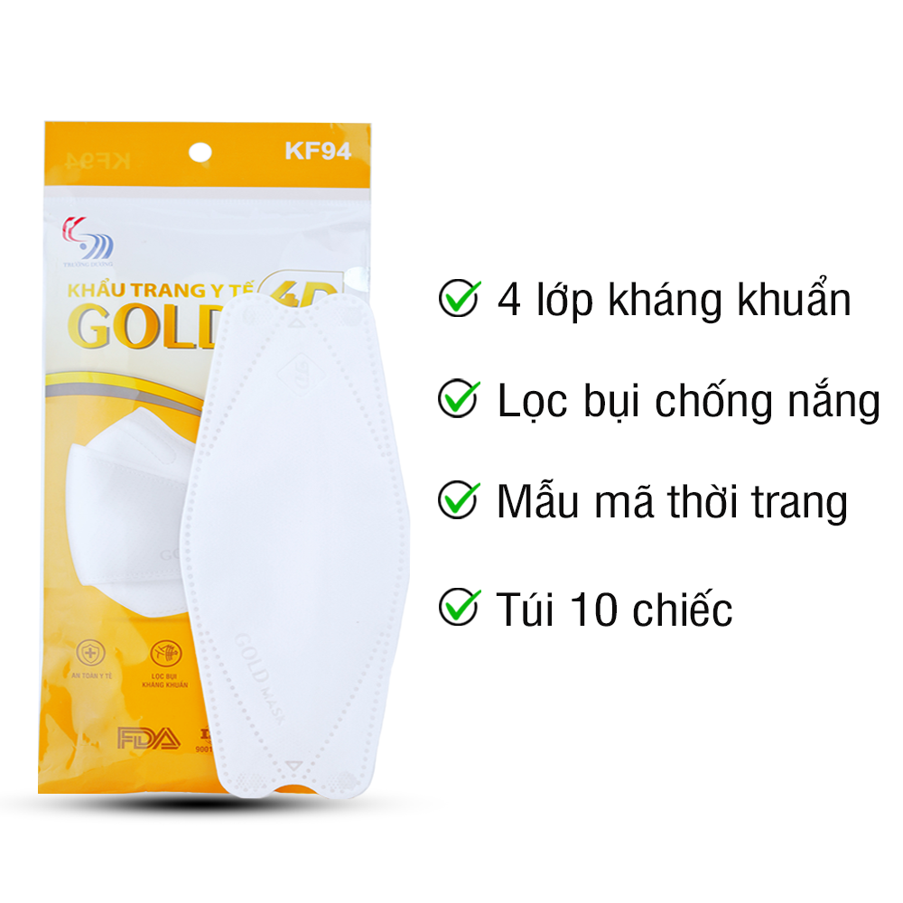 Khẩu trang KF94 GOLD MASK Trường Dương 4 lớp ngừa bụi mịn và vi khuẩn gây hại, không mùi, màu trắng (túi 10 cái) JN-KT01