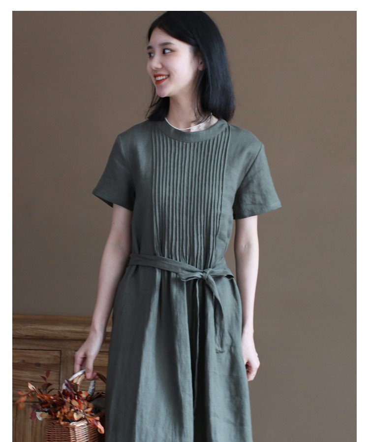 Đầm ngắn tay chất liệu linen cao cấp, dáng suông basic dễ mặc, phong cách kín đáo nhã nhặn NH191 xanh xám