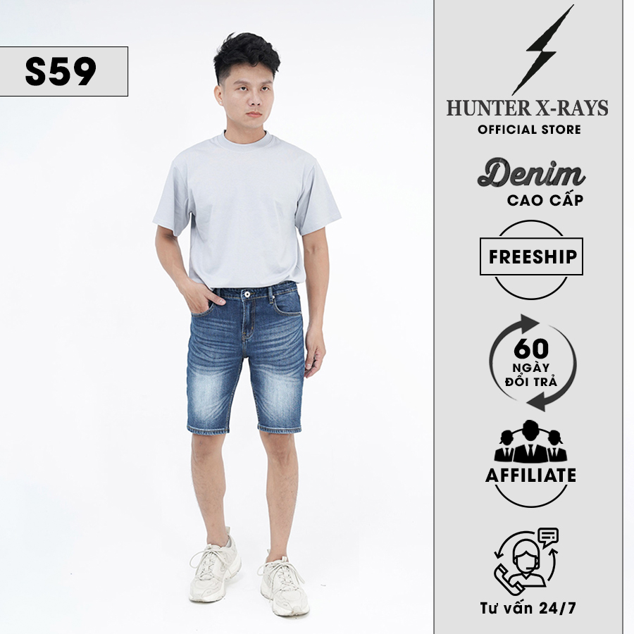 Quần Short Jeans Nam Cao Cấp HUNTER X-RAYS Form Slimfit Thun Màu Xanh Trơn S59
