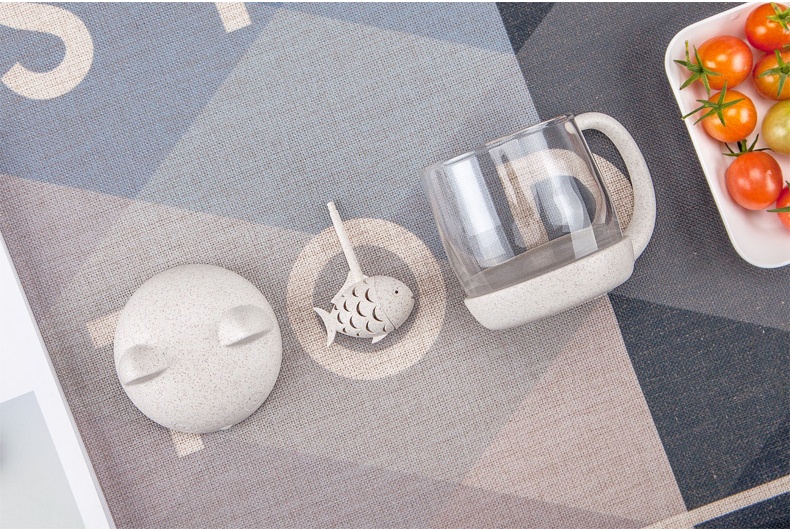 Bộ ly thủy tinh pha trà có nắp hình mèo, túi lọc trà bằng lúa mạch - Chính hãng
