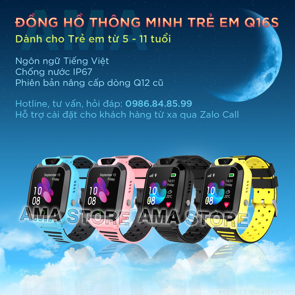 Đồng hồ Thông minh Chống nước IP67 Dành cho Trẻ em nhuẩn AMA Watch Q16S Hàng chính hãng