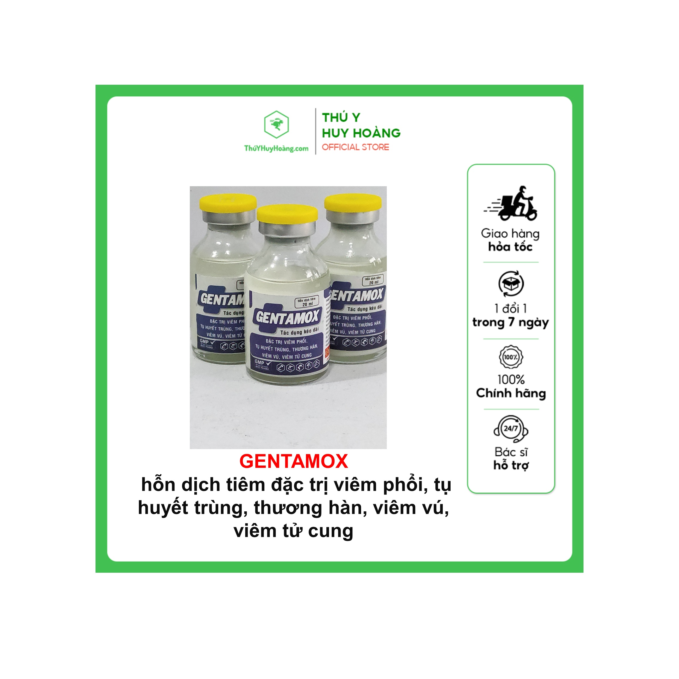 GENTAMOX 20ML hỗn dịch tiêm đặc trị viêm phổi, tụ huyết trùng, thương hàn, viêm vú, viêm tử cung