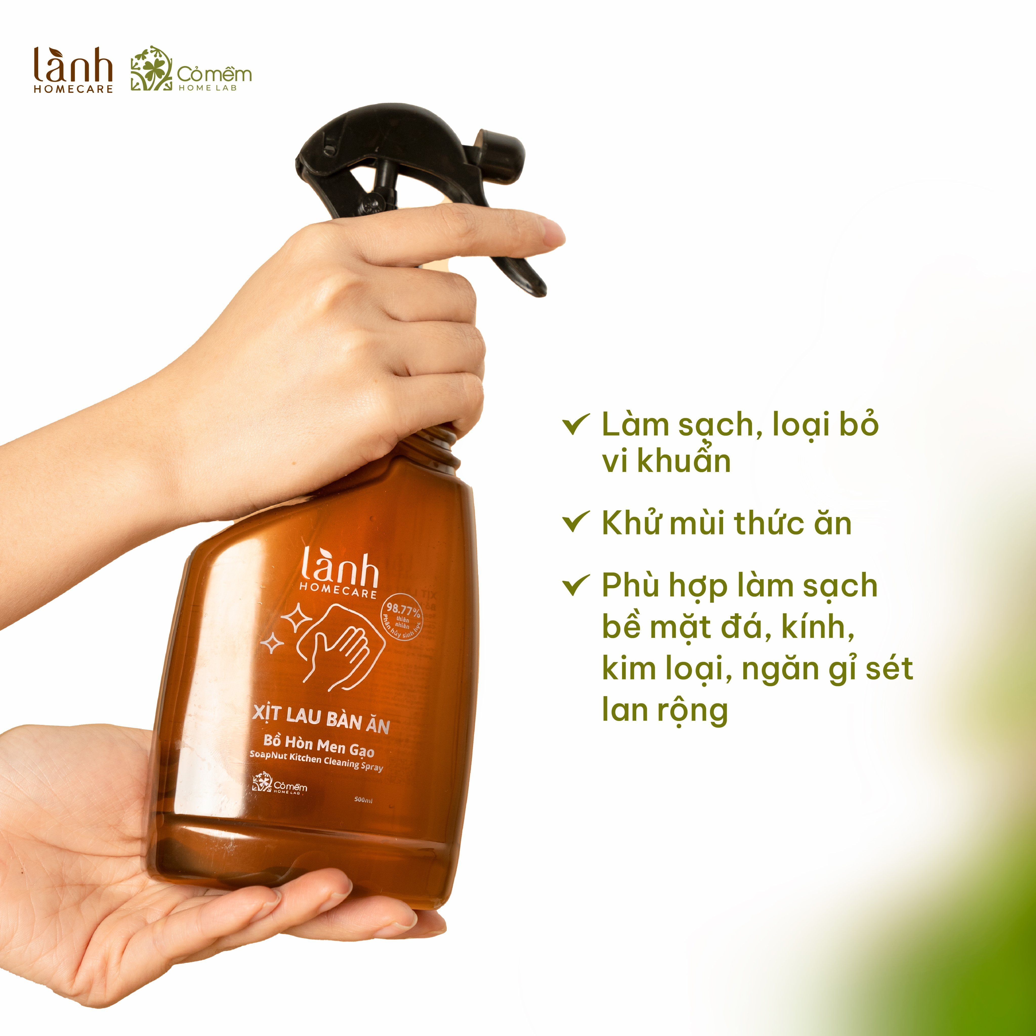 Nước Lau Bếp Lau Bàn Ăn Xịt Kính Đa Năng Bồ Hòn Men Gạo Thiên Nhiên An Lành Homecare Cỏ Mềm 500ml