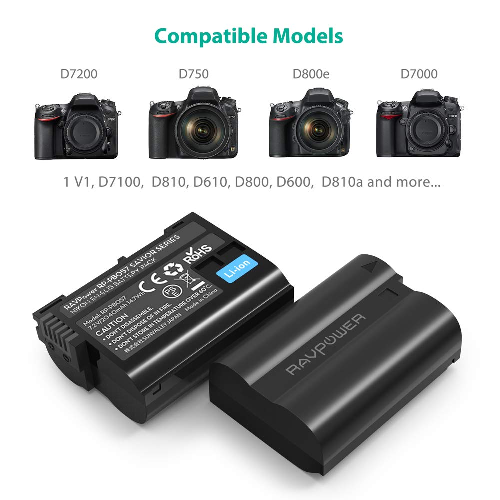 Bộ 2 Pin Và Sạc Kép RAVPower Cho Nikon EN-EL15 D7XXX D8XX D7XX D6XX D5XX - Hàng Nhập Khẩu