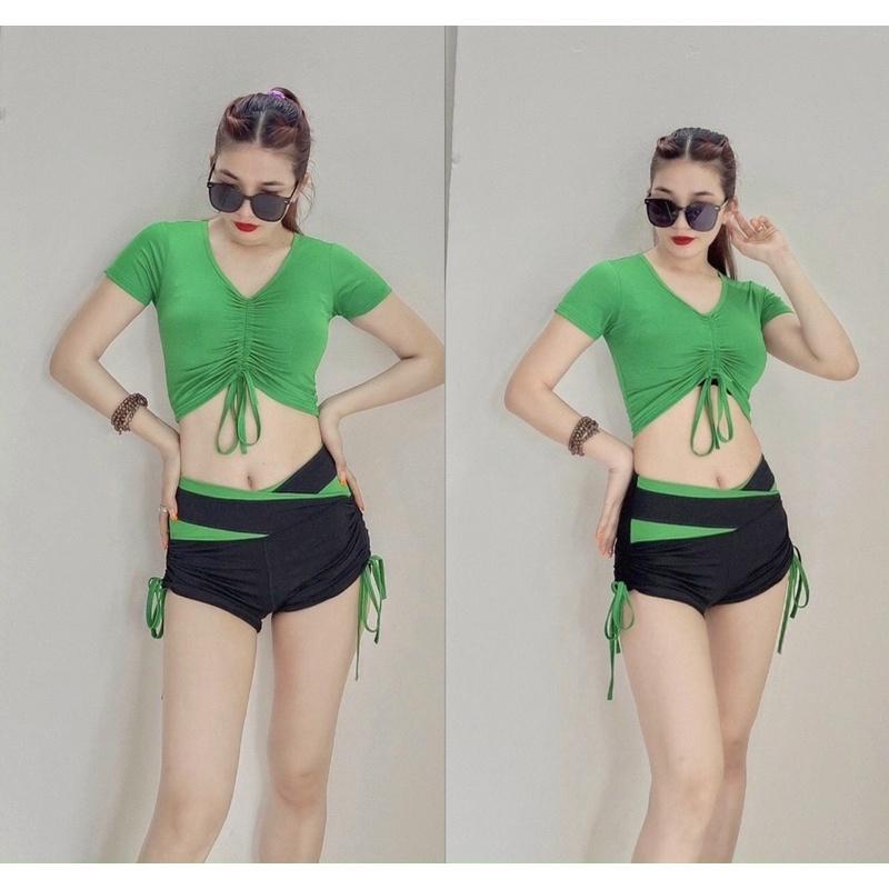 Set bộ đồ tập áo croptop quần đùi rút dây cạp V tập gym, nhảy aerobic nữ