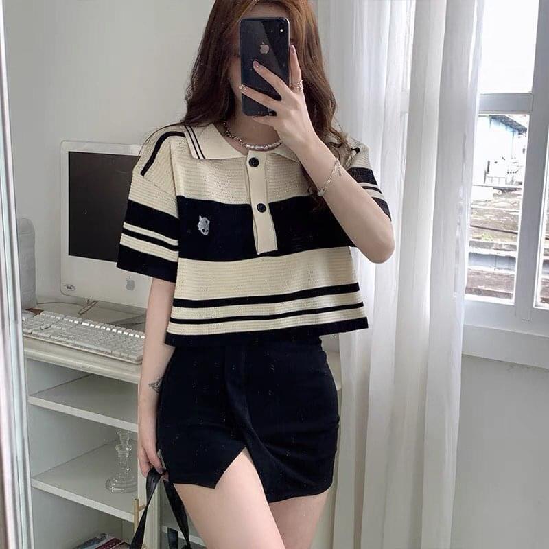 Áo len kẻ polo cộc tay - Áo croptop nữ len dệt kim dáng rộng tay ngắn kiểu cổ đức phong cách Hàn Quốc