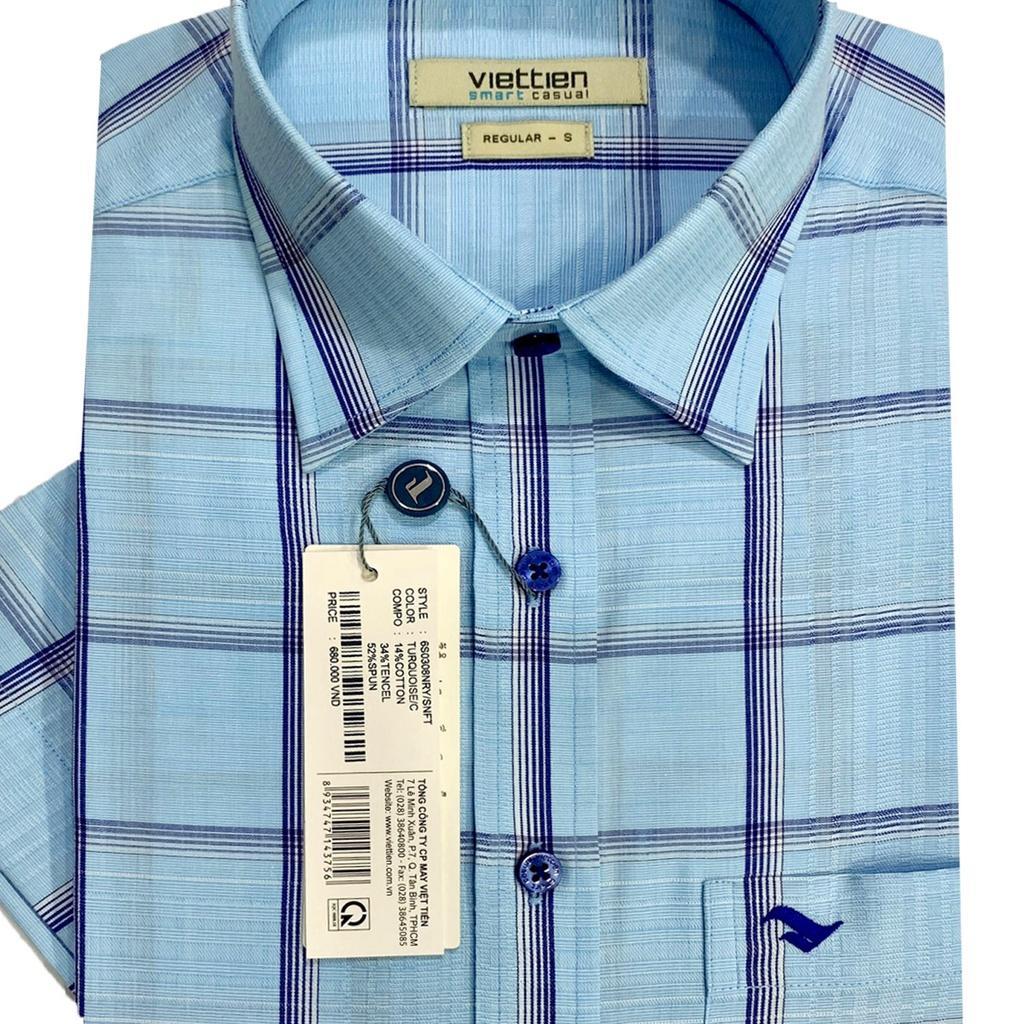Viettien - Áo sơ mi nam ngắn tay xẻ tà vạt ngang ca rô 6S0308 regu