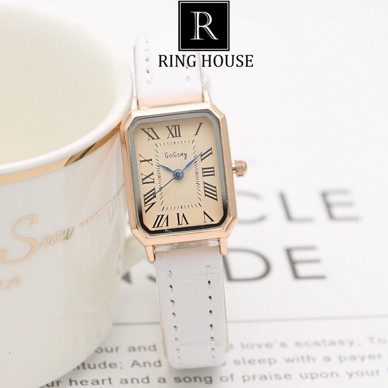 Đồng Hồ Nữ Chính Hãng GoGoey Ulzzang Mặt Vuông Nhỏ Dây Da Nhiều Màu Cao Cấp Mặt Số La Mã Ring House