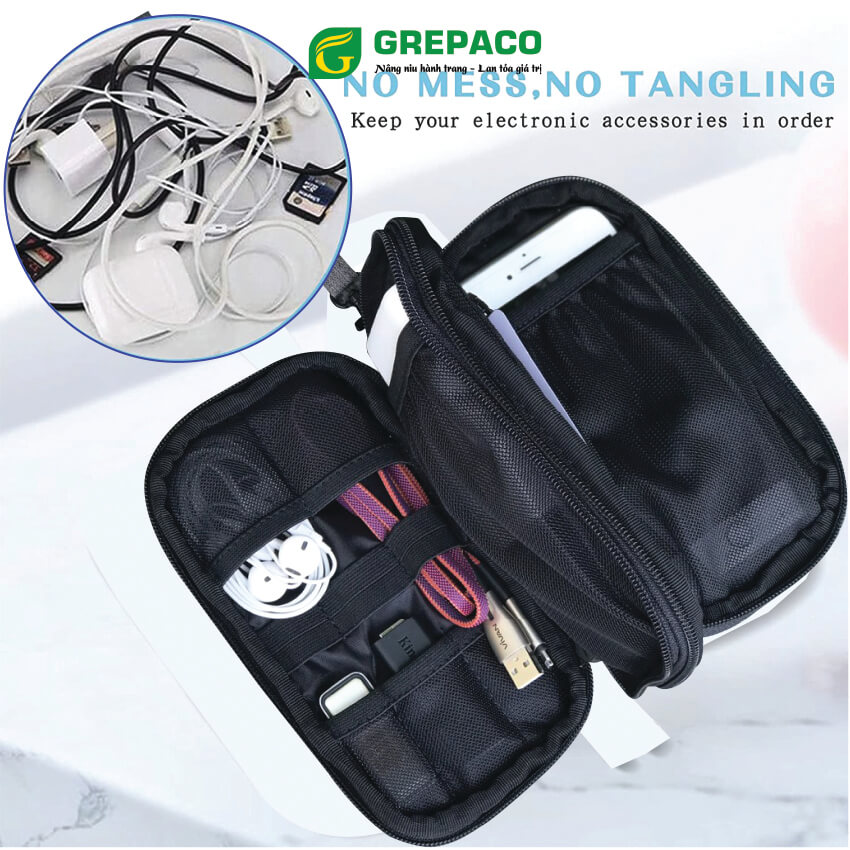 Túi Đựng Phụ Kiện Công Nghệ Grepaco, Pin Sạc Dự Phòng, Điện Thoại, Cáp Sạc USB, Tai Nghe Vải Bố Canvas, Nhiều Ngăn, Có Quai Cầm, Chống Nước, Khóa Kéo YKK Dành Cho Nam Nữ Đi Học, Làm, Du Lịch - Hàng Chính Hãng