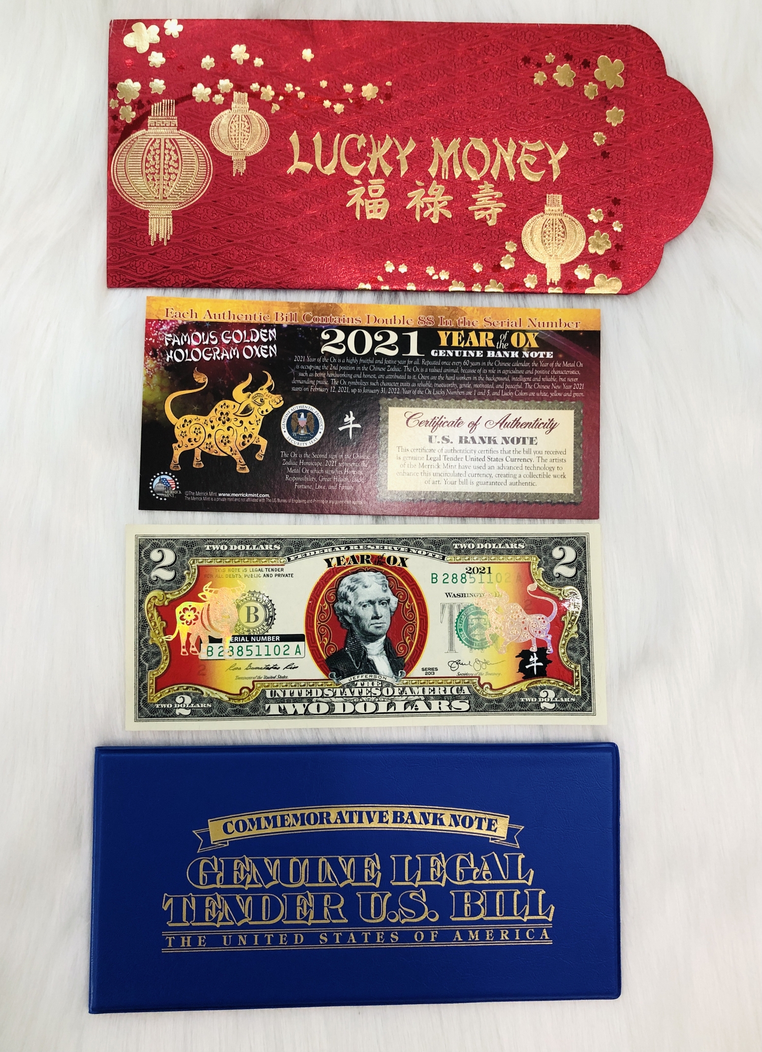 COMBO 3 Bao Lì Xì Tiền 2 USD Hình Con Trâu 2021 hình Trâu Vàng Lucky Money bao da xanh - The Merrick Mint