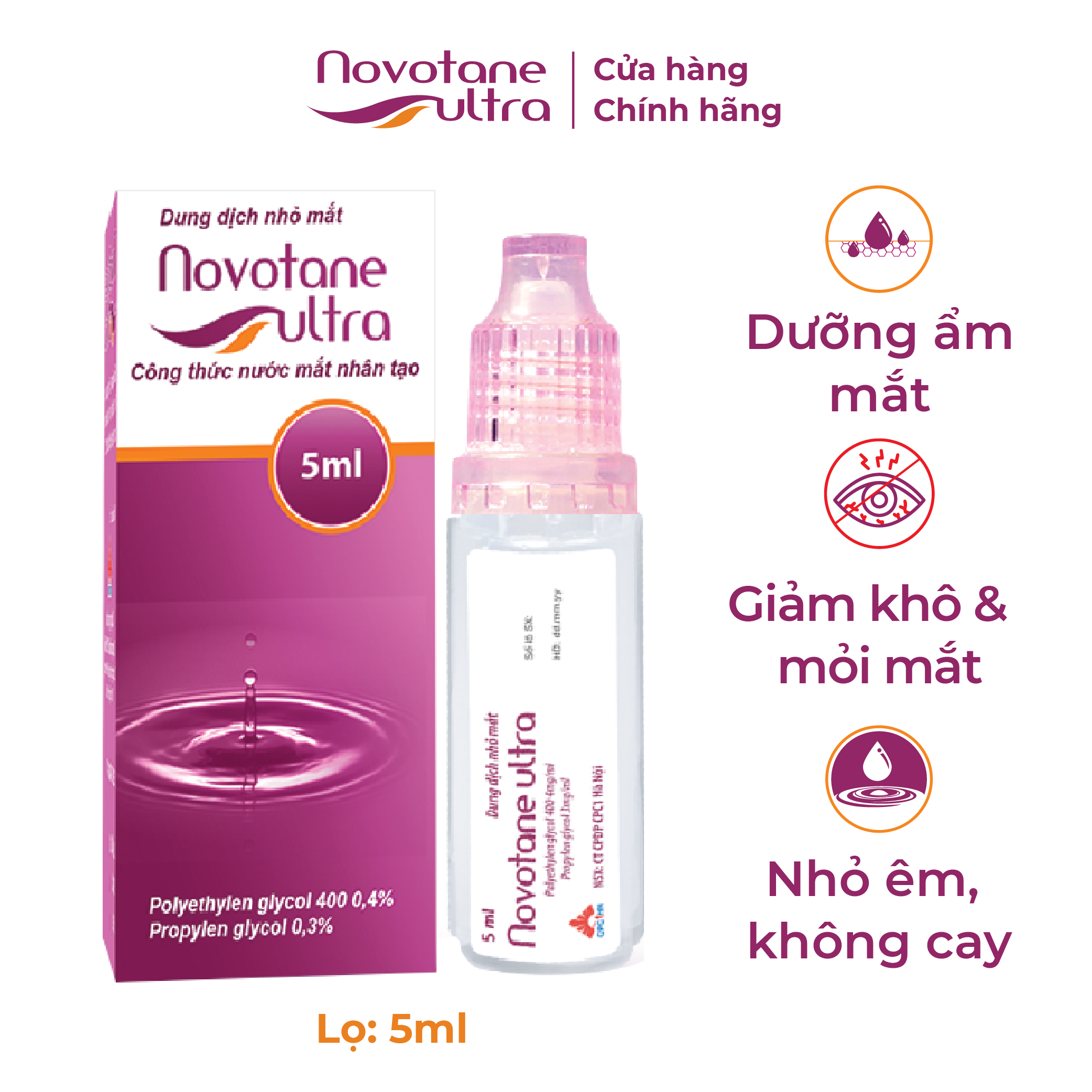 Nước mắt nhân tạo Novotane Ultra 5ml giúp bảo vệ mắt, dưỡng ẩm, giảm khô, giảm mỏi mắt