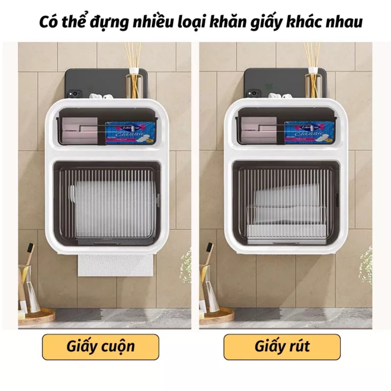 Hộp Đựng Giấy Vệ Sinh 2 Tầng Cao Cấp Hộp Đựng Giấy  Vệ Sinh Dán Tường Có Kệ Để Điện Thoại - Hàng Chính Hãng MINIIN