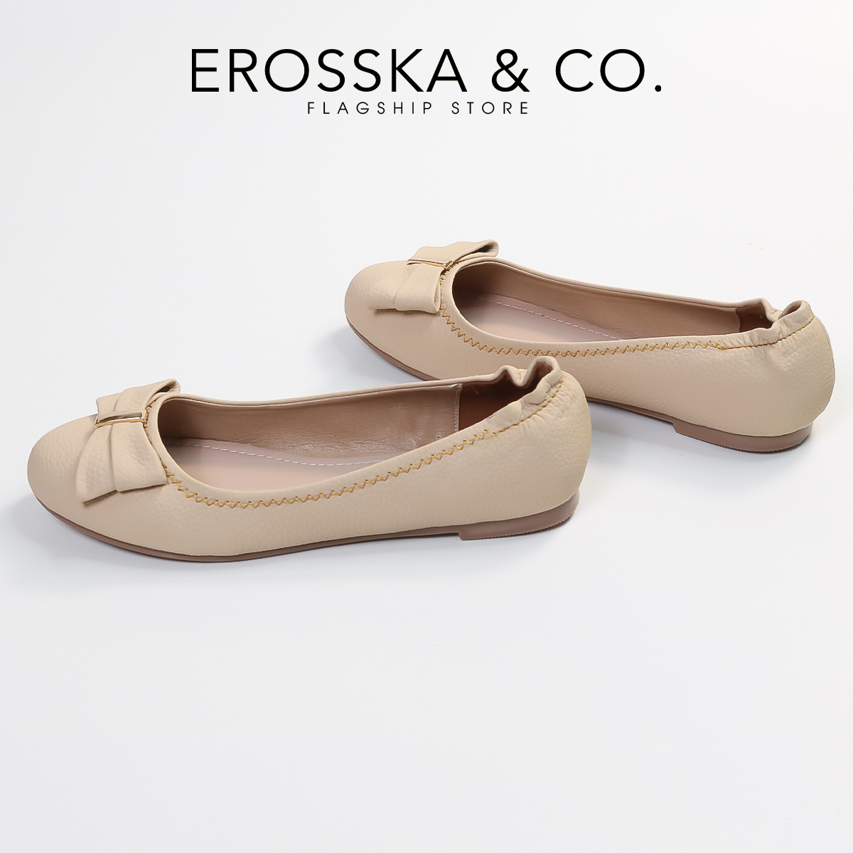 Erosska - Giày búp bê nữ đế bệt mũi tròn đính nơ xinh xắn - EF020