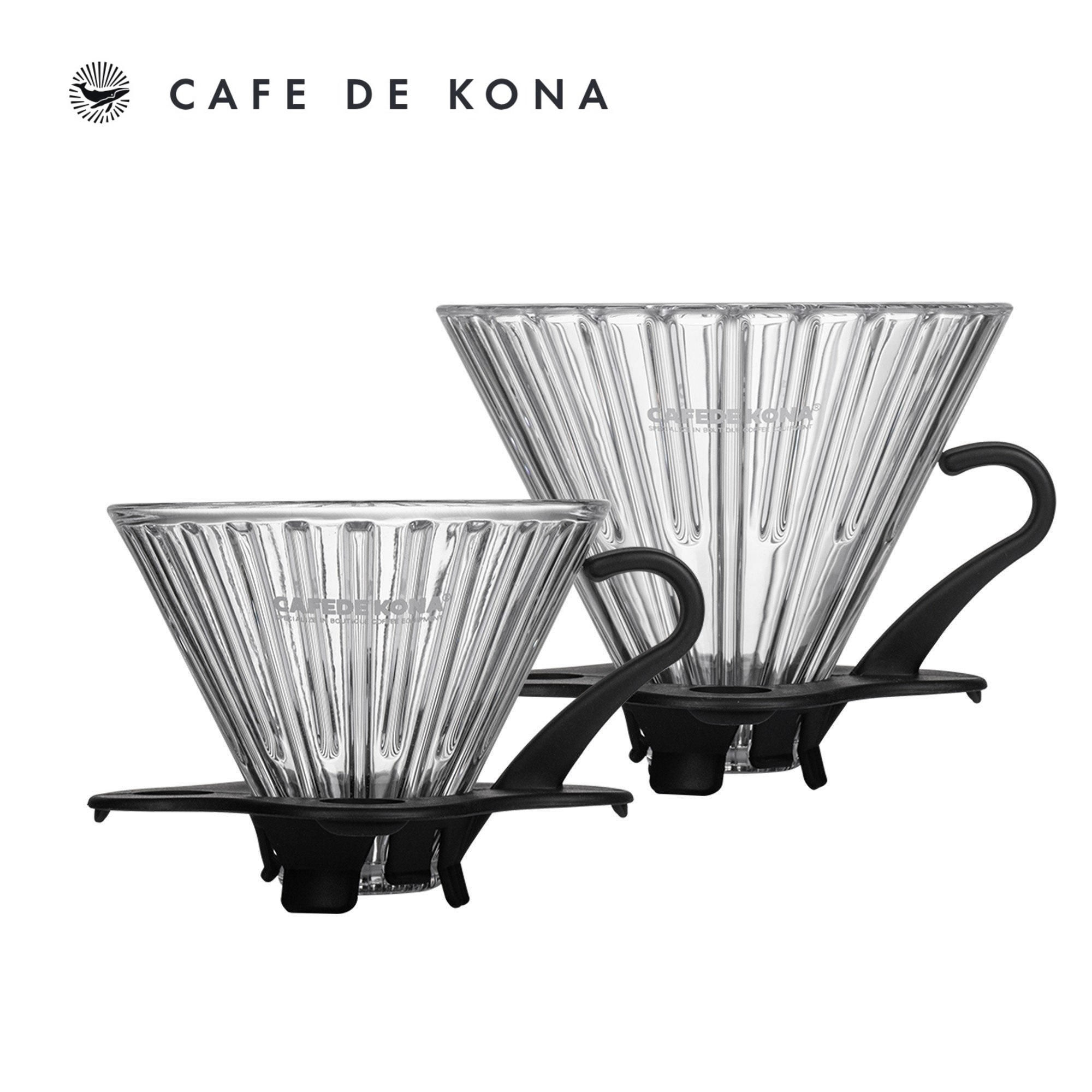 Phễu thuỷ tinh V60 rãnh thẵng đế nhựa đen CAFE DE KONA