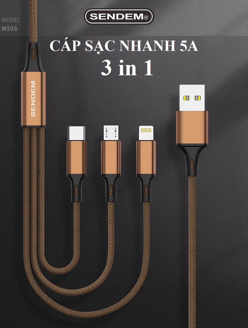 Cáp sạc 3in1 SENDEM M10S bọc dù cao cấp hỗ trợ sạc nhanh 5A chân cắm: MicroUSB, Lightning, TypeC - sạc và truyền dữ liệu - Hàng chính hãng