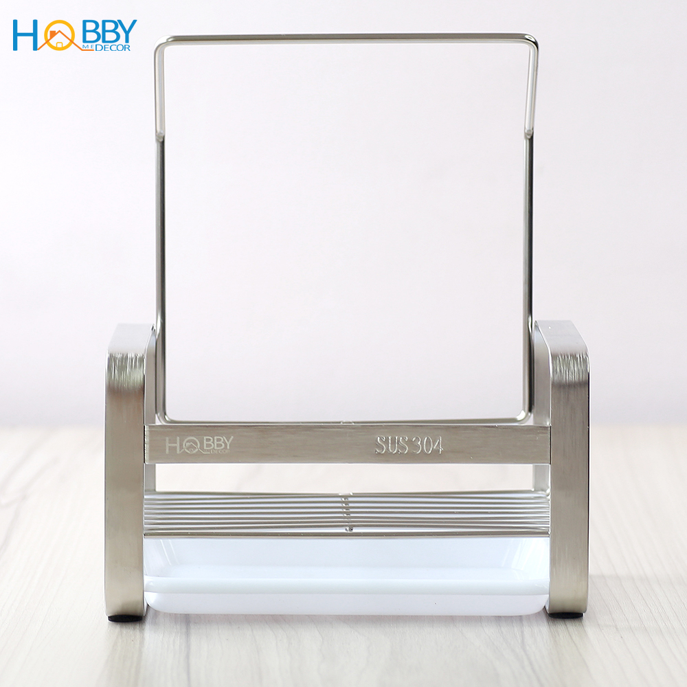 Kệ đựng đồ rửa chén có thanh treo khăn lau bếp HOBBY KRC3 Inox 304 khay hứng nước - có miếng dán và keo Sealant fix