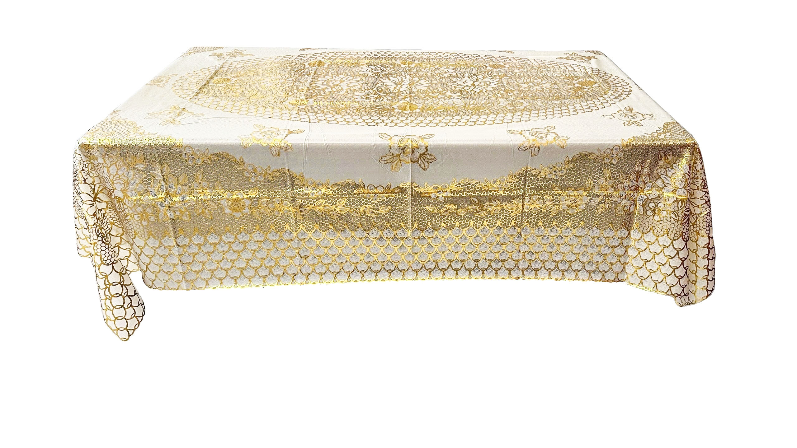[Tặng 1 lót phần ăn] Khăn Trải Bàn WLG.751 (137x180 cm),  hoa văn phủ nhũ vàng, nhựa PVC dẻo, không thấm nước, dễ vệ sinh