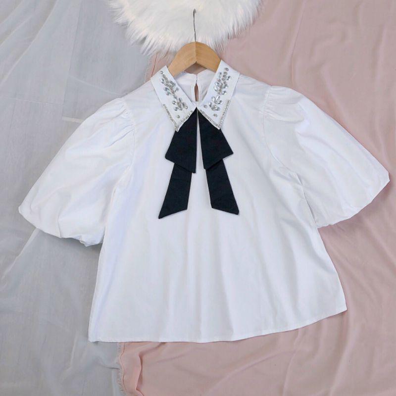 Áo sơ mi trắng trơn đính kết cổ nơ