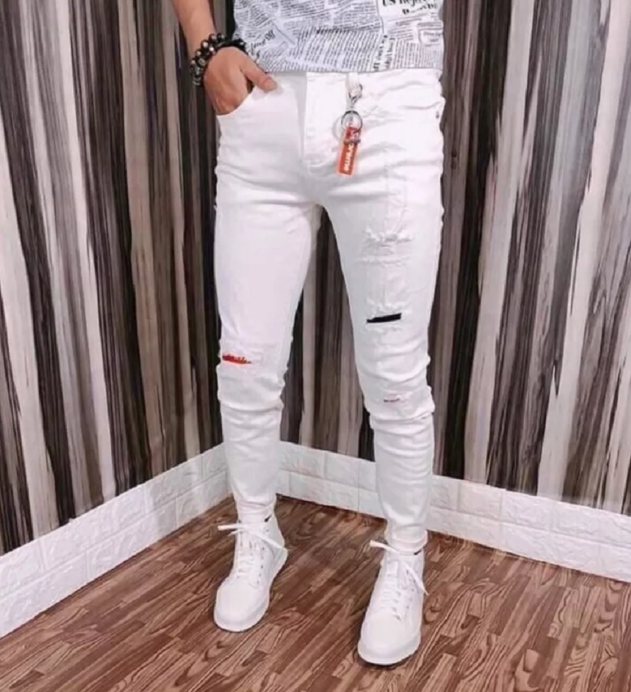 Quần jeans nam màu trắng rách dễ phối đồ