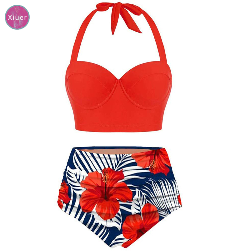 Bộ Đồ Bơi Bikini Lưng Cao Size Lớn In Họa Tiết Hoa Có Mút Nâng Ngực Phong Cách Âu Mỹ Cho Nữ