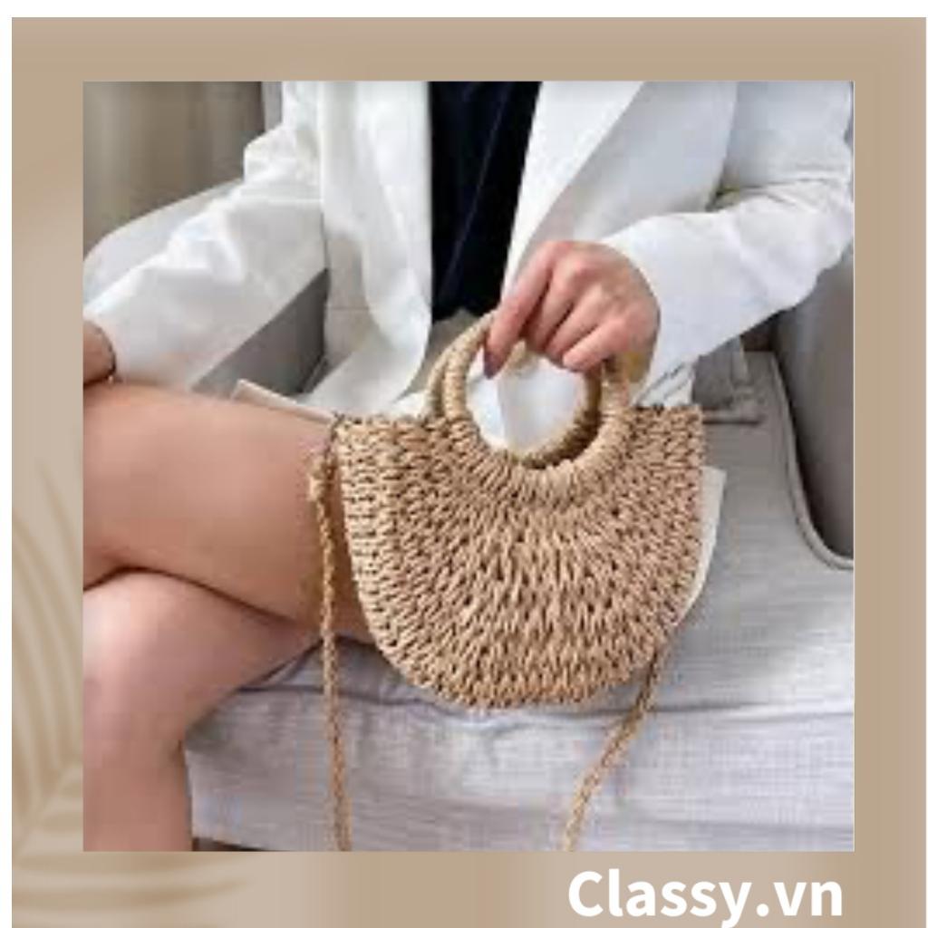 Túi cói Classy hình bán nguyệt kiểu dáng Vintage, có lớp lót trong rộng rãi phù hợp đi biển T324 (Không khăn)