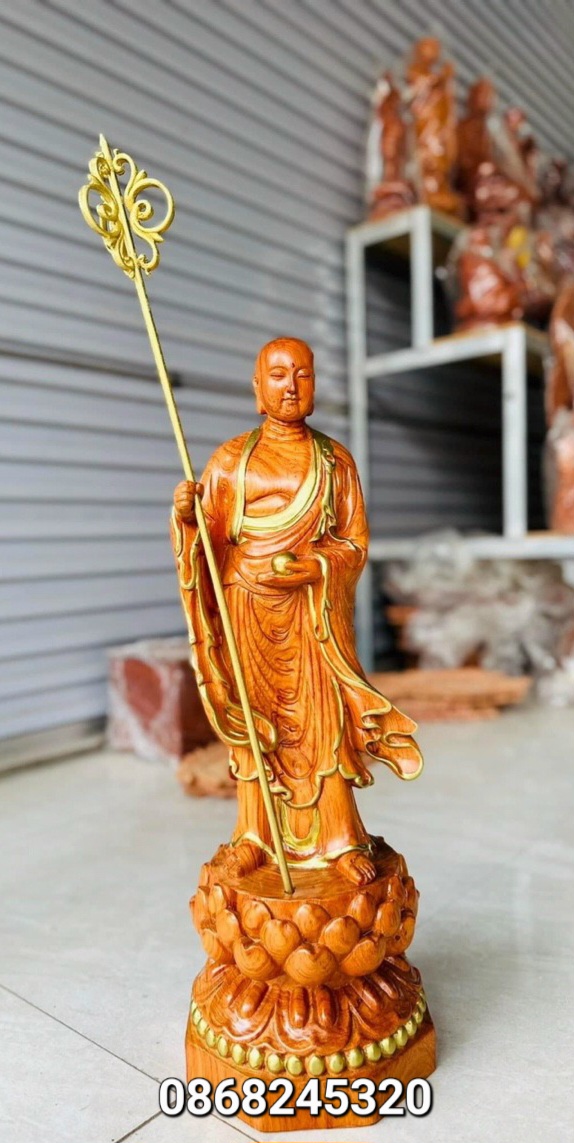 Tượng phật địa tạng vương bồ tát bằng gỗ hương đá kt cao 60×22×22cm+ lá chắn hào quang cao tổng 70cm