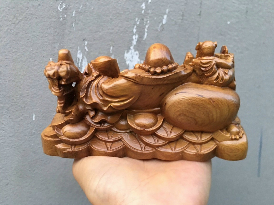 Tượng phật di lặc ngũ phúc mini bằng gỗ bách xanh kt 15×9×9cm