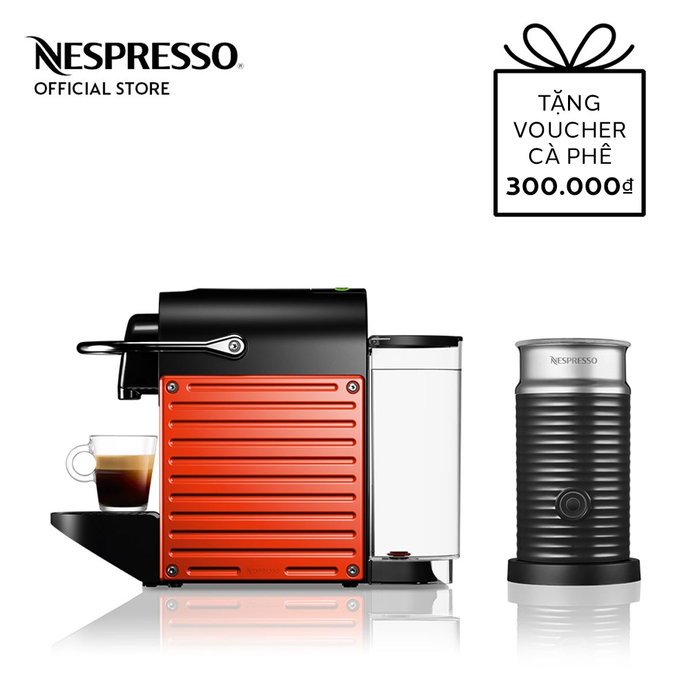 Bộ máy pha cà phê Nespresso Pixie Đỏ &amp; máy đánh sữa Aeroccino 3 - Hàng chính hãng