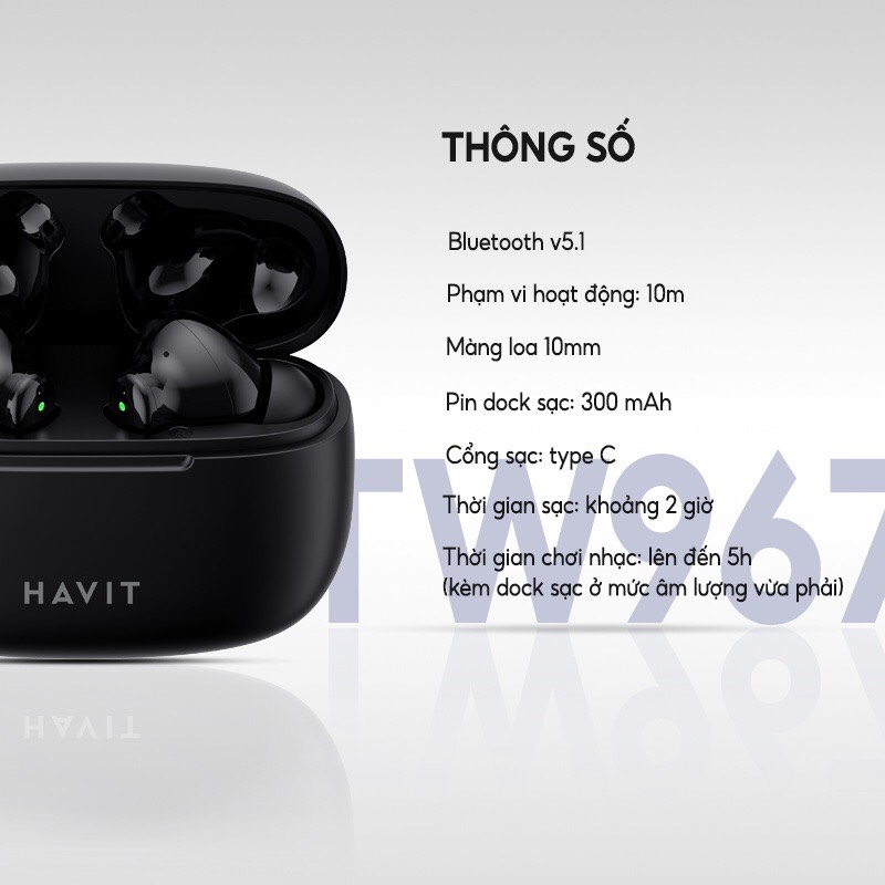 Tai Nghe TWS Havit TW967 BT 5.1, Thiết Kế Công Thái Học, Driver 10mm, Nghe Nhạc Đến 5H - Hàng Chính Hãng