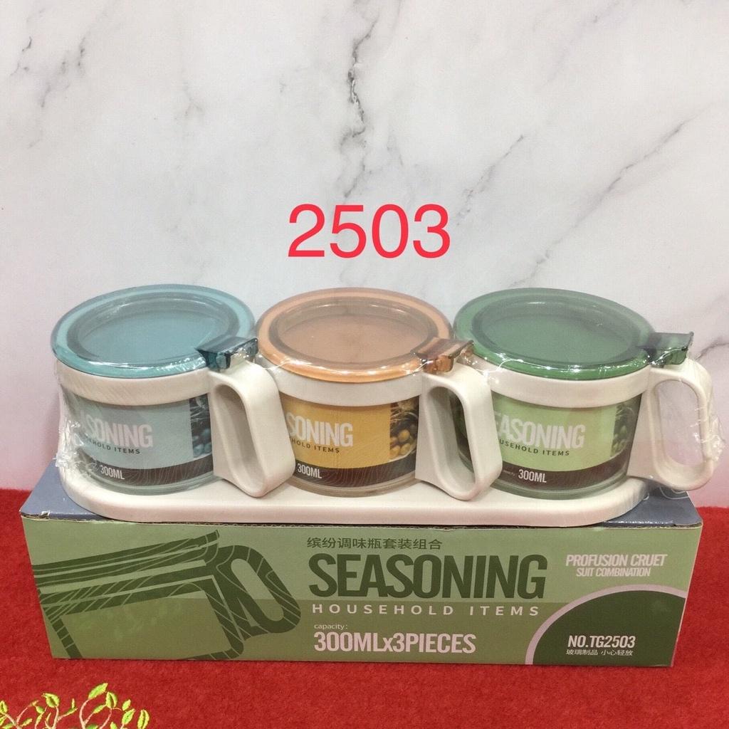 Bộ 3 hũ đựng gia vị thủy tinh Seasoning cao cấp có khay