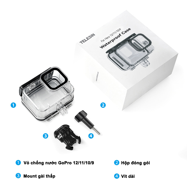 Case chống nước hãng TELESIN dùng cho camera hành động GoPro Hero 9, GoPro Hero 10, GoPro Hero 11, GoPro Hero 12