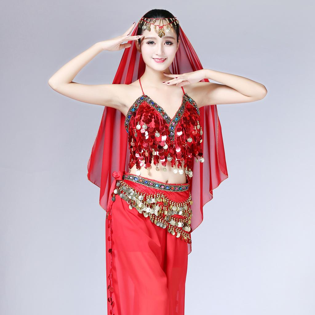Womens Sparkling Belly Dance Bra Sequins Tassel Coins Top Samba Dancing Costume