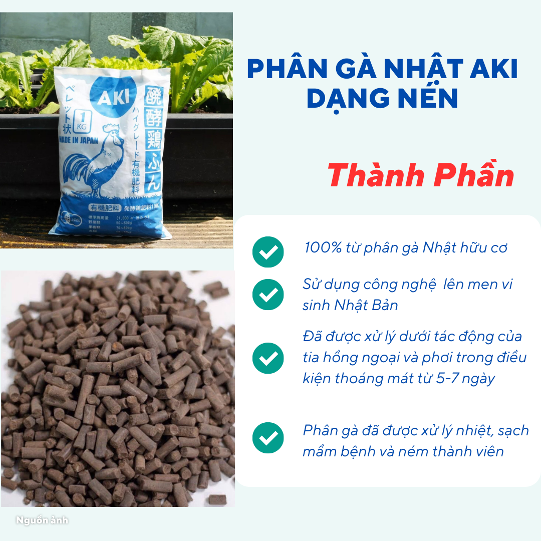 [Túi 1kg] Phân Gà Nhật AKI ĐGT Viên Nén Hữu Cơ Tan Chậm