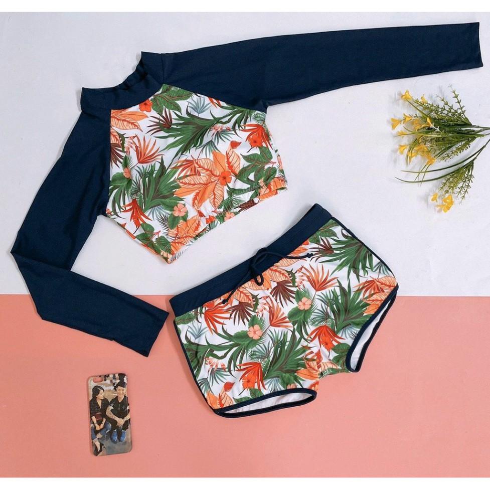 freeship Bikini hai mảnh dài tay ️Freeship️ họa tiết hoa lá quần đùi mặc đi biển đi bơi mới nhất