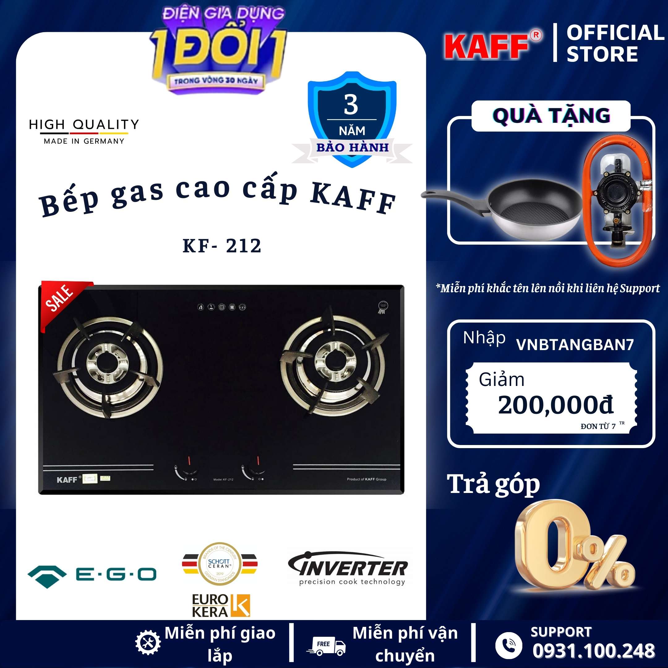 Bộ Bếp ga âm viền sọc KAFF KF- 212 bao gồm: Bếp ga + chảo chống dính cao cấp + bộ van ga - Hàng chính hãng