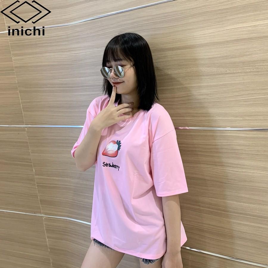 Áo thun INICHI unisex tay lỡ form rộng in hình quả dâu - IC611 màu kem