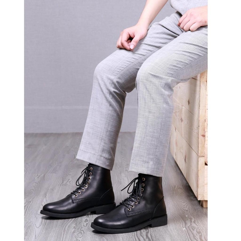 Giày da nam Combat Boots Captain 01 (Com01), da bò đen trơn cao cấp, Lucas Shoes bảo hành 1 năm