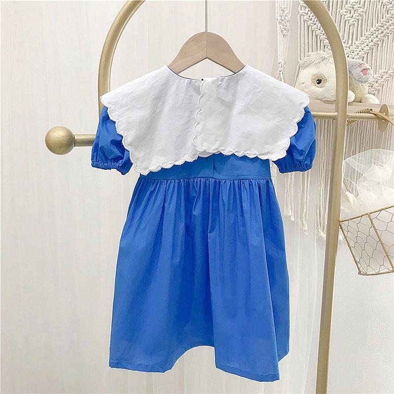 Đầm babydoll thêu hoa phong cách Hàn Quốc cho bé gái tone xanh size 12-35kg chất kate mềm mát