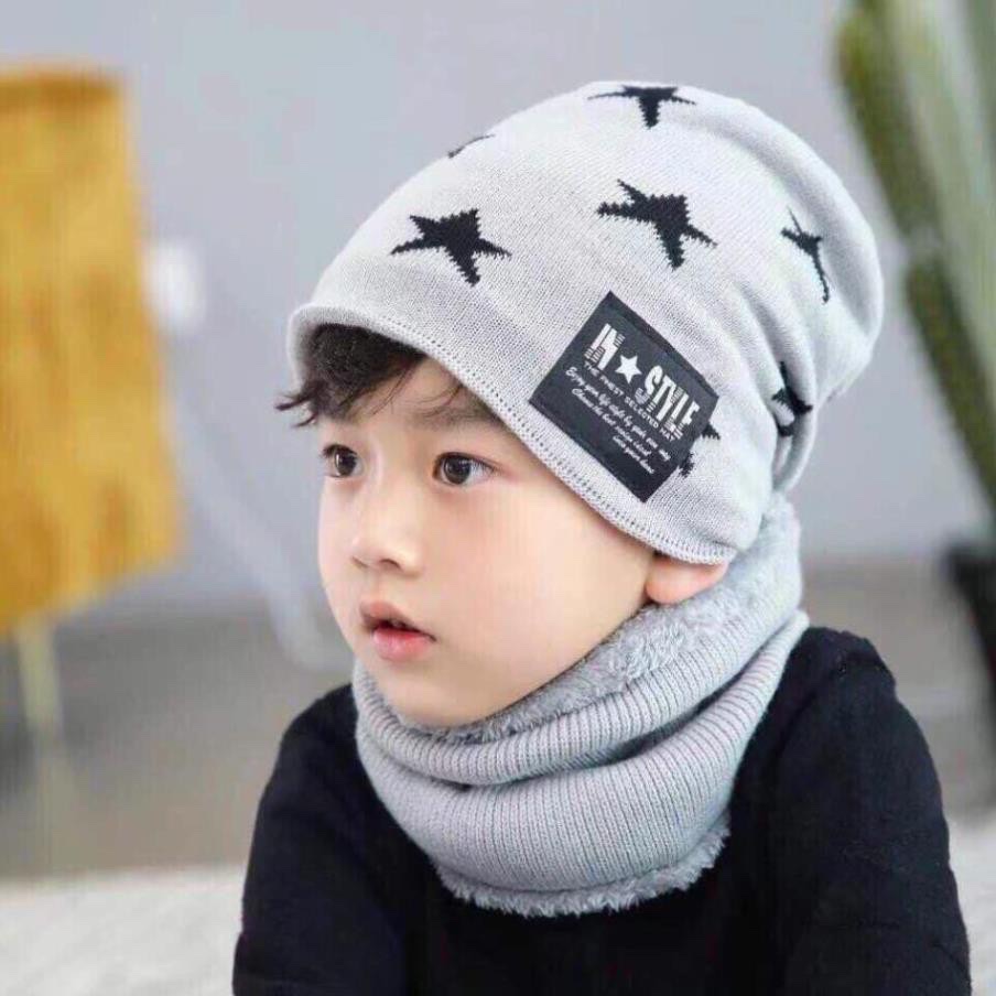 Mũ len ngôi sao kèm khăn ống quàng cổ cho bé trai và bé gái từ 2 - 8 tuổi , 2 lớp dày dặn giữ ấm vùng đầu , vùng tai và còn có khăn bảo vệ cả cổ bé trong thời tiết giá lạnh của mùa đông  