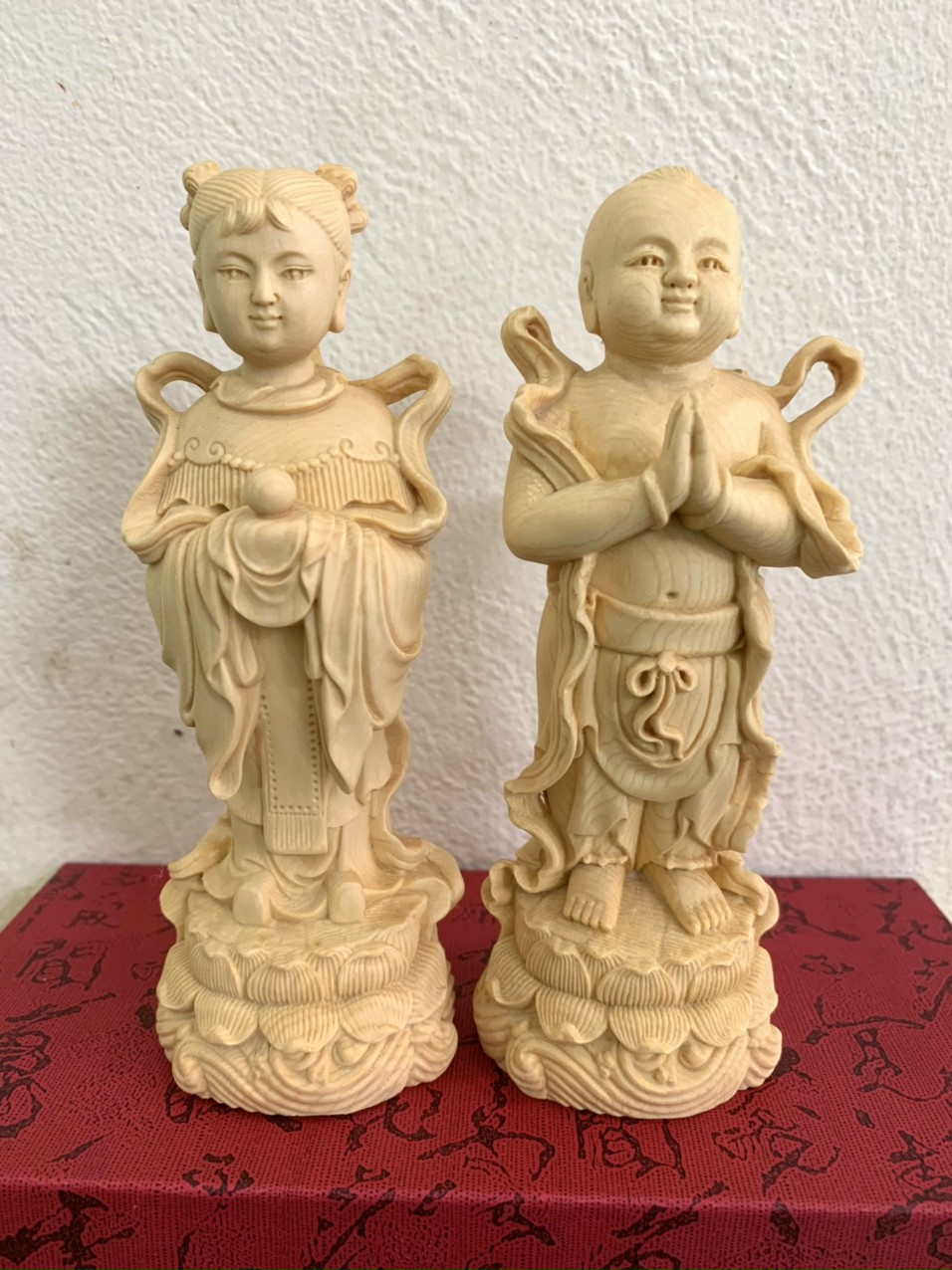 Cặp tượng tiên đồng ngọc nữ bằng gỗ hoàng dương kt cao 15×6×5cm