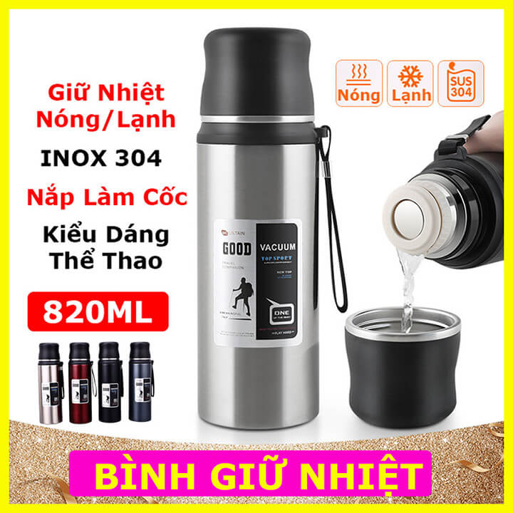 Bình giữ nhiệt nóng lạnh 820ML chất liệu Inox, bình đựng nước thể thao có dây đeo tiện dụng